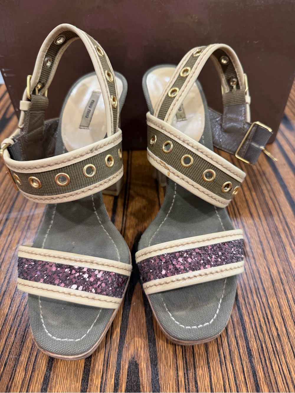 Miu miu  Women's Olive Green Glitter Strap Sandals with Beige Trim 4 inches heel